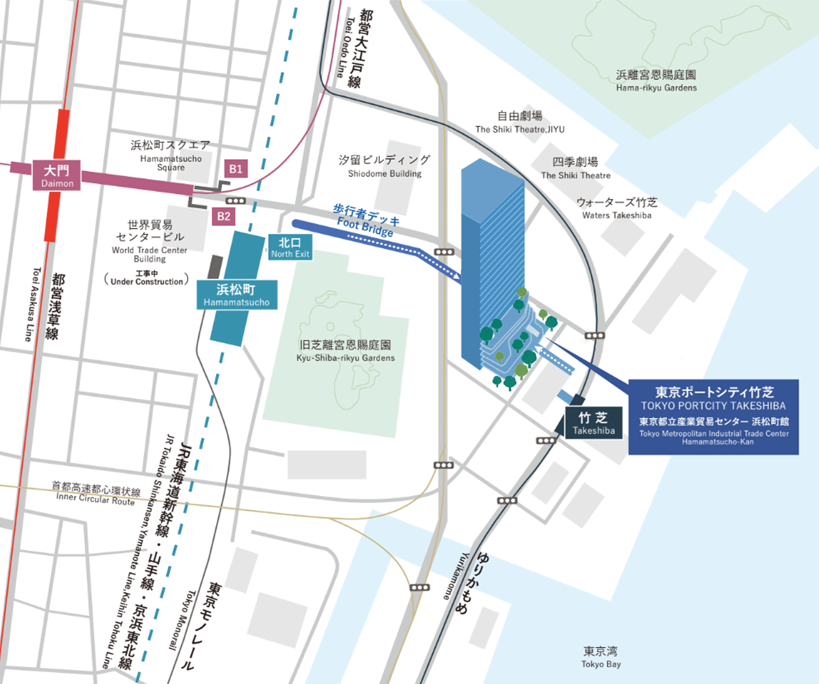 会場周辺マップ（TIFF⇔TIFFCOM シャトルバス乗降場・東京ポートシティ竹芝）